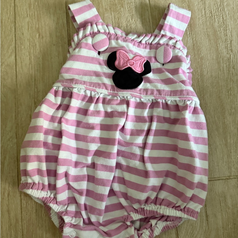 Pink Striped Baby One-Piece Bodysuit with Minnie Patch
